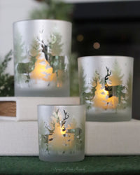 Frosted Glass With Deer Winter Scene Votive