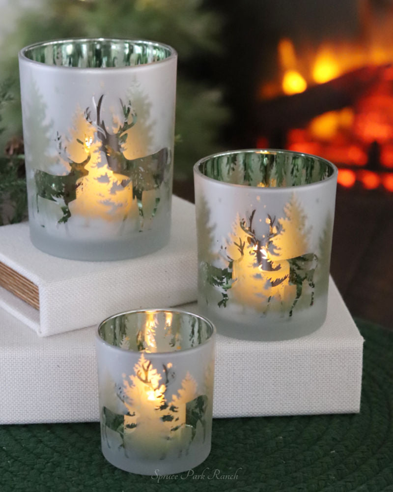 Frosted Glass With Deer Winter Scene Votive