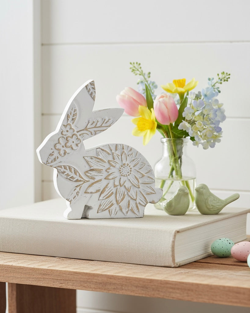 Whitewashed Floral Carved Resin Bunny Sitting
