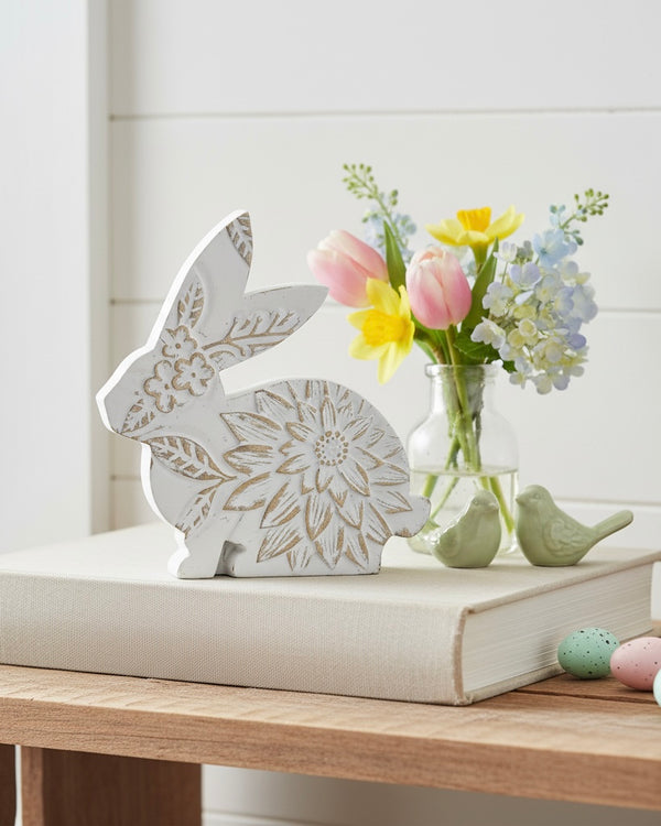 Whitewashed Floral Carved Resin Bunny Sitting