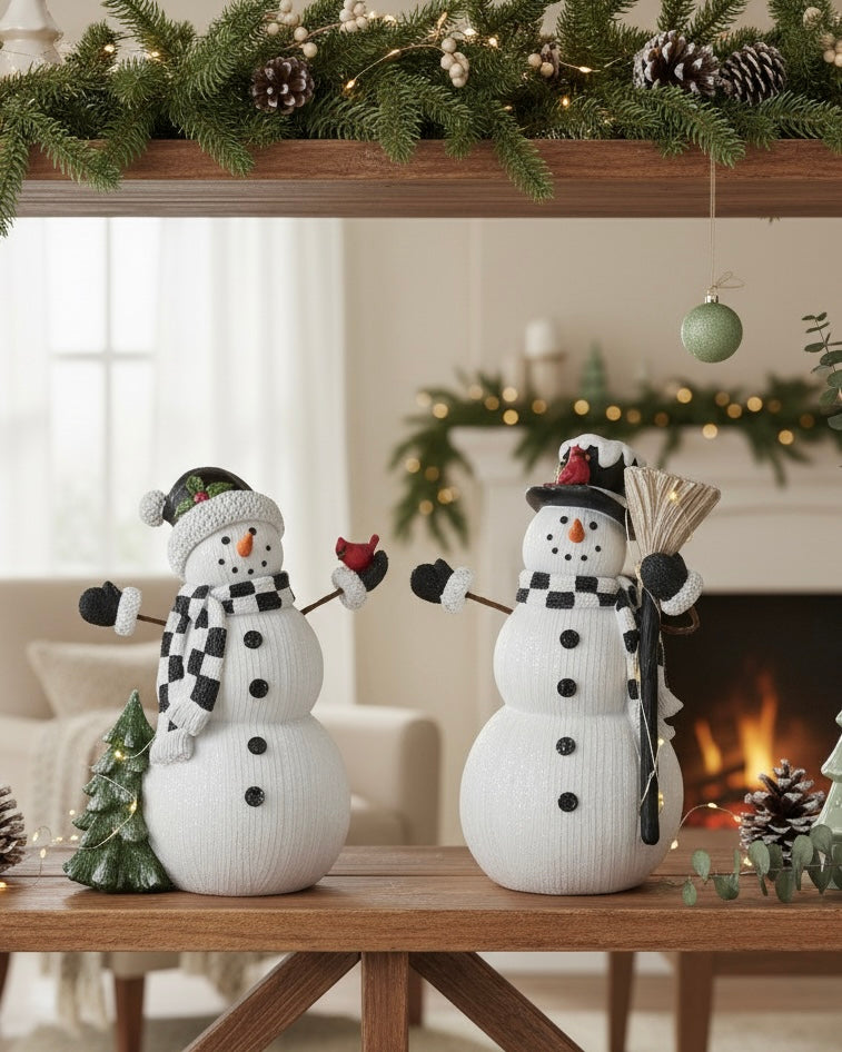 White Glittered Resin Woodgrain LED Snowman