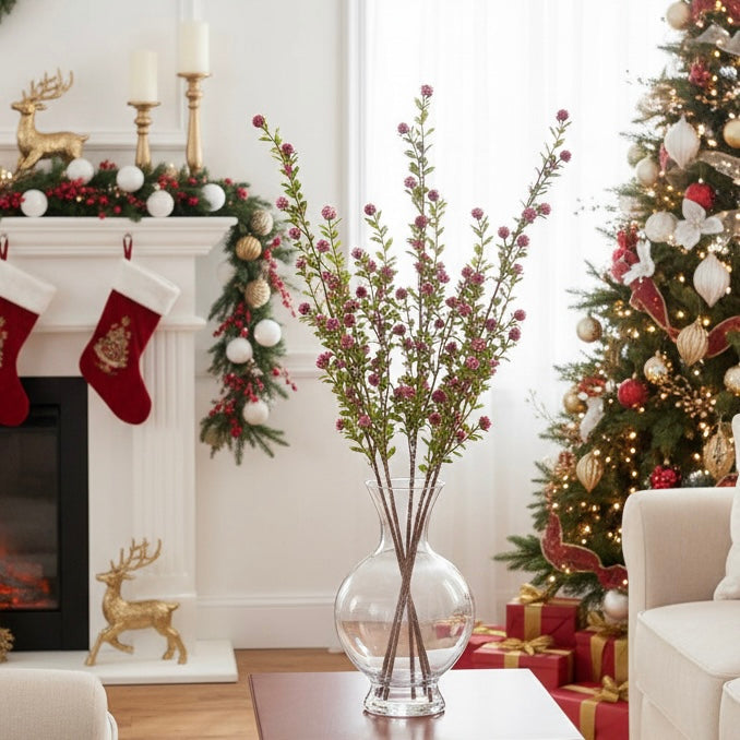 Glittered Snowy Red Berry Leaf Stem 30"