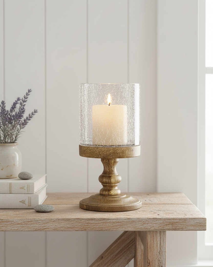 Crackle Glass Hurricane Candle Holder 8.25"