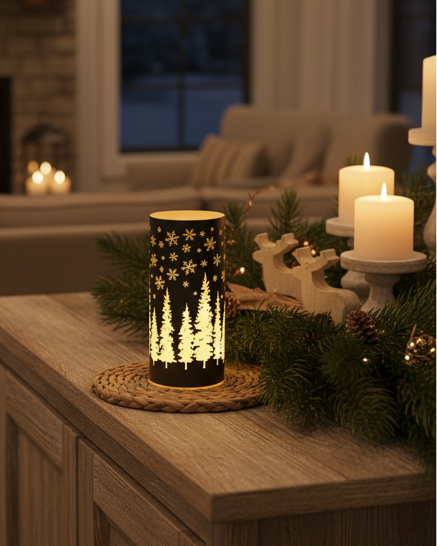 Green Tree and Snowflake Glass LED Cylinder