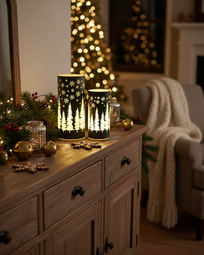 Green Tree and Snowflake Glass LED Cylinder