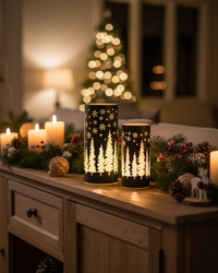 Green Tree and Snowflake Glass LED Cylinder