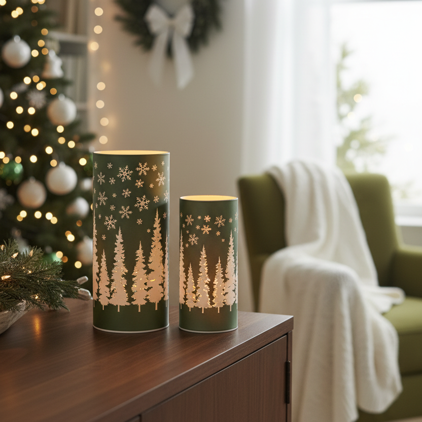 Green Tree and Snowflake Glass LED Cylinder