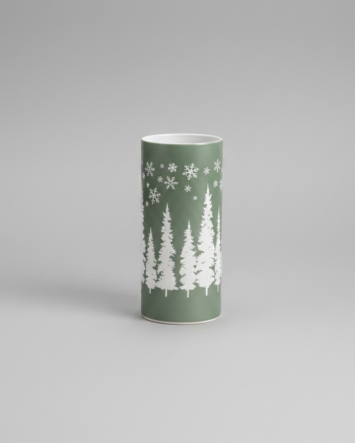 Green Tree and Snowflake Glass LED Cylinder