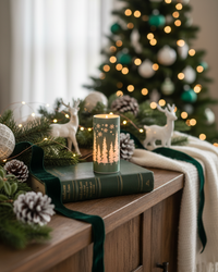 Green Tree and Snowflake Glass LED Cylinder