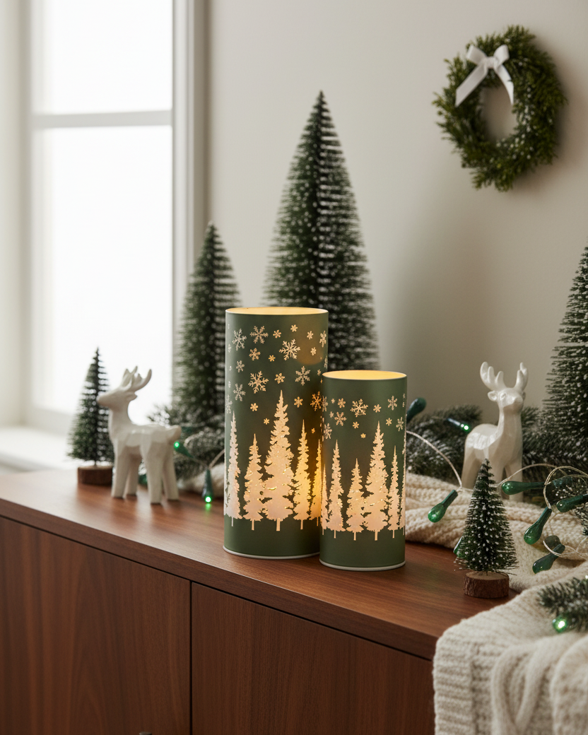 Green Tree and Snowflake Glass LED Cylinder