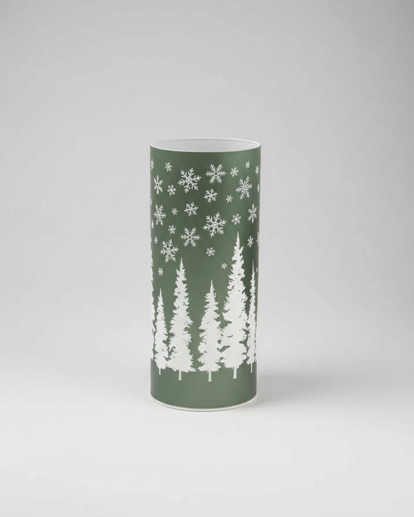 Green Tree and Snowflake Glass LED Cylinder