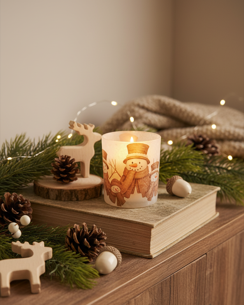 Brown Top Hat and Scarf Snowman Candle Holder