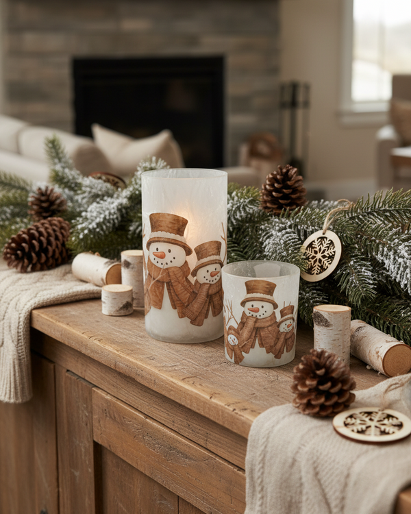Brown Top Hat and Scarf Snowman Candle Holder