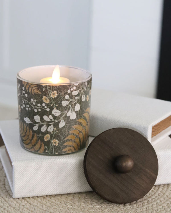 Flower and Fern Glass Jar With Wood Lid