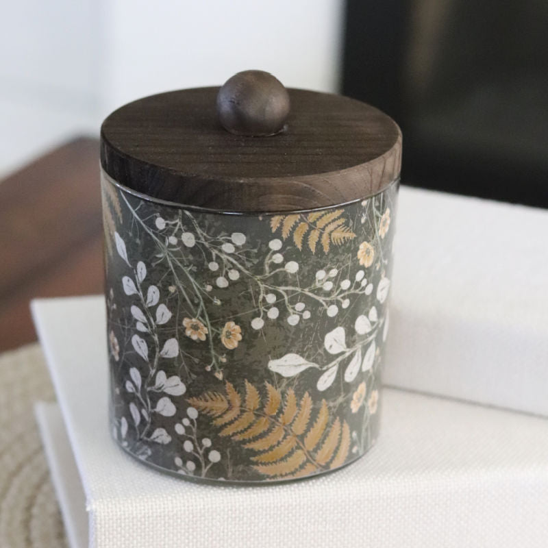 Flower and Fern Glass Jar With Wood Lid