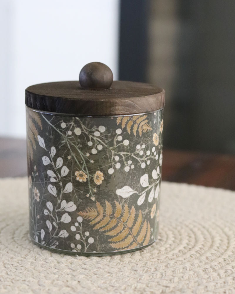 Flower and Fern Glass Jar With Wood Lid