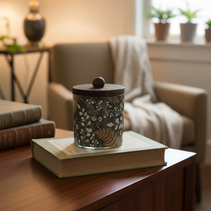 Flower and Fern Glass Jar With Wood Lid