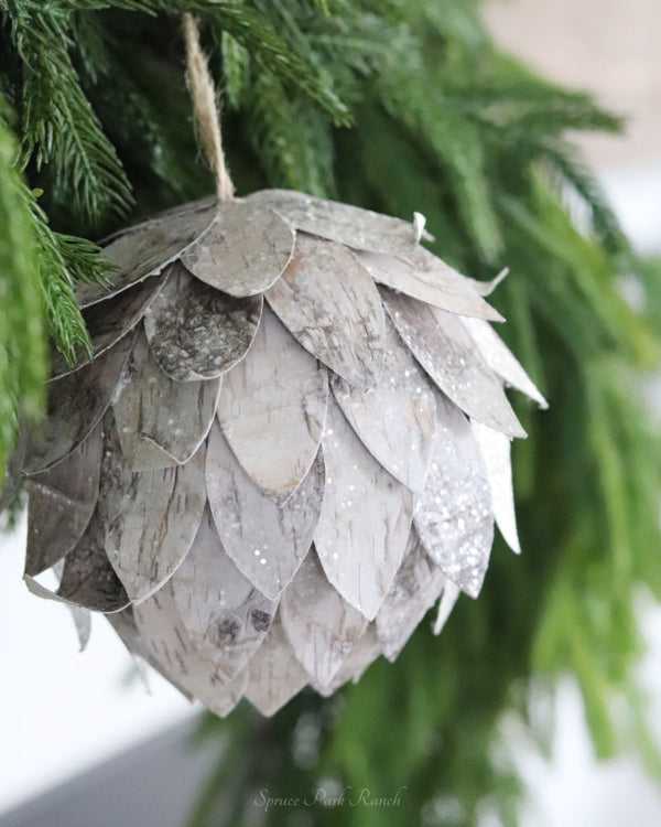 Glittered Faux Birch Wood Artichoke Ornament