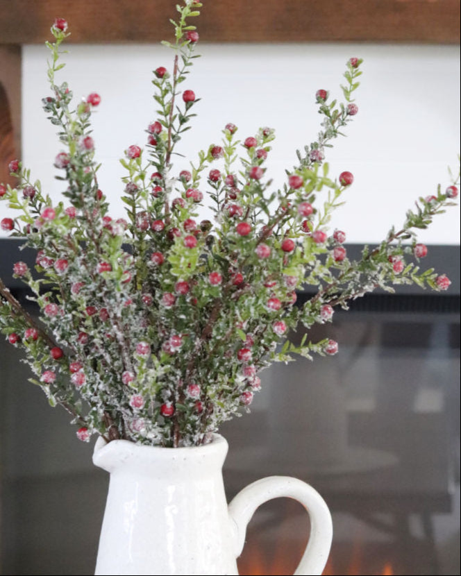Glittered Snowy Red Berry Leaf Stem 30"