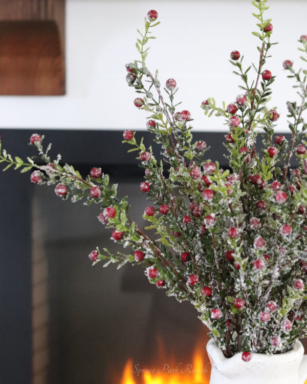 Glittered Snowy Red Berry Leaf Stem 30"