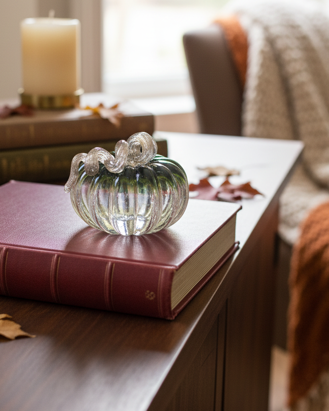 Green and Clear Crackled Handblown Glass Pumpkin Round