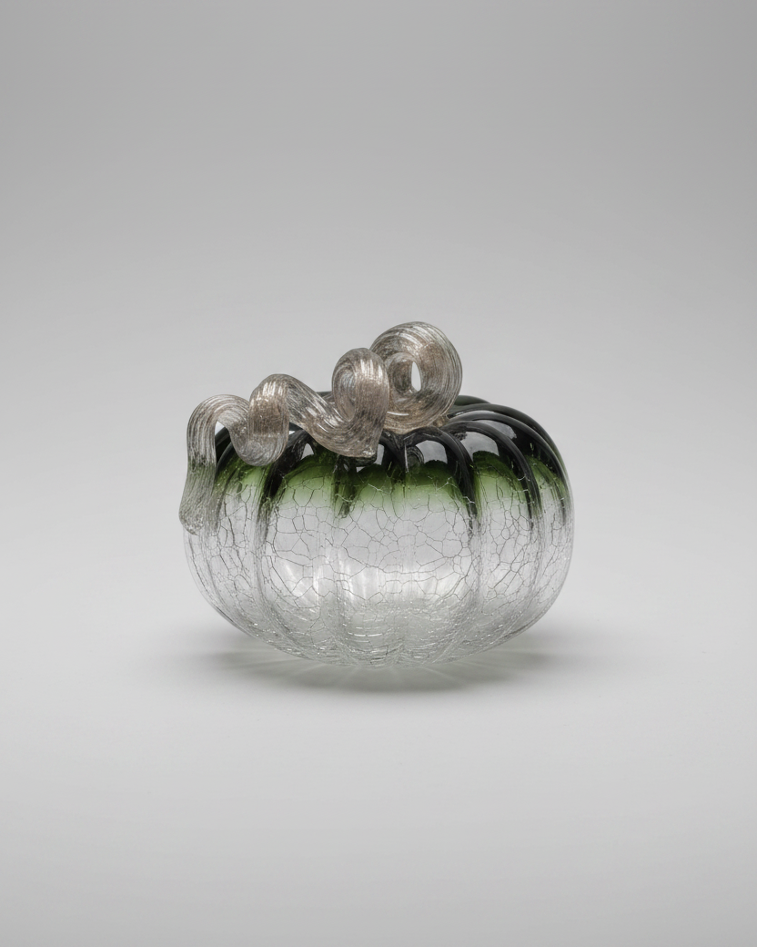 Green and Clear Crackled Handblown Glass Pumpkin Round