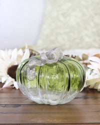 Green and Clear Crackled Handblown Glass Pumpkin Round