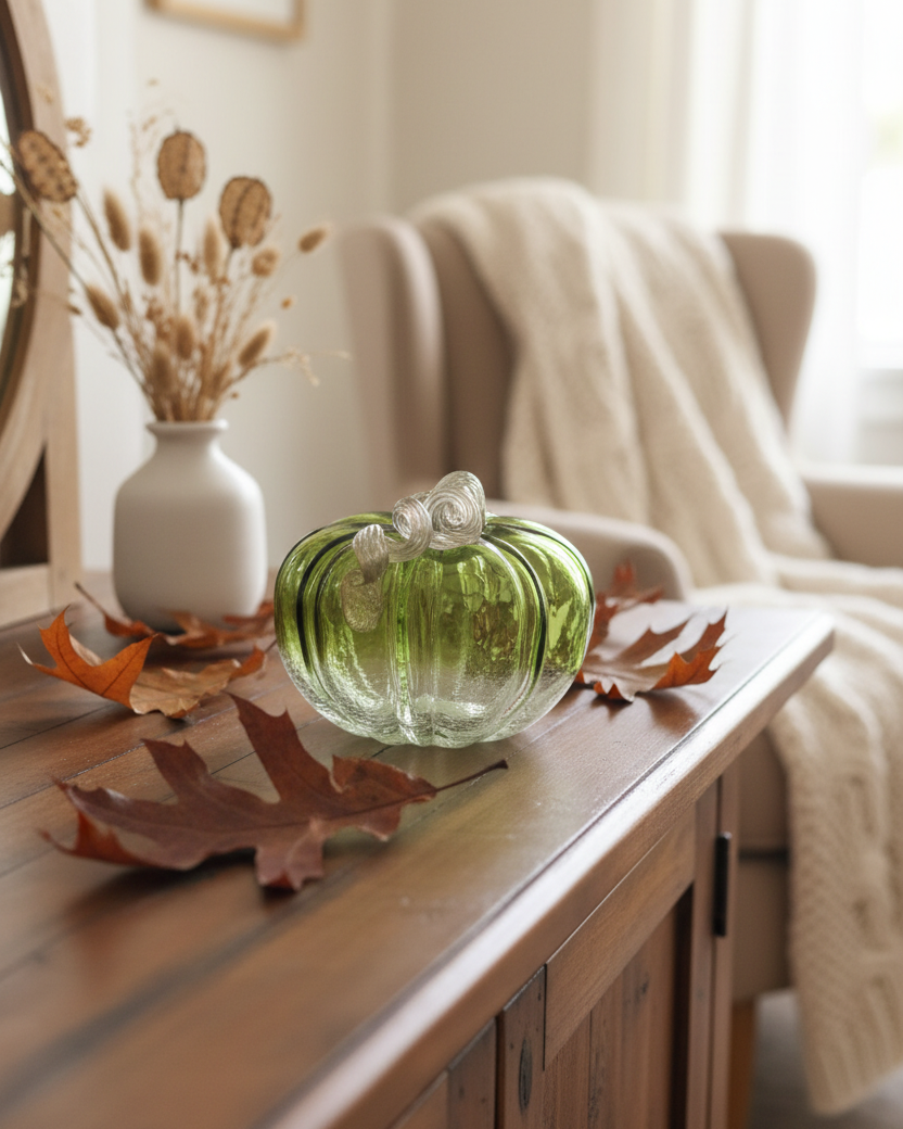 Green and Clear Crackled Handblown Glass Pumpkin Round