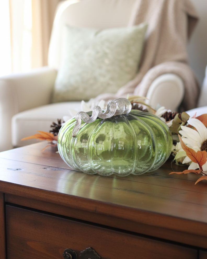 Green and Clear Crackled Handblown Glass Pumpkin Round