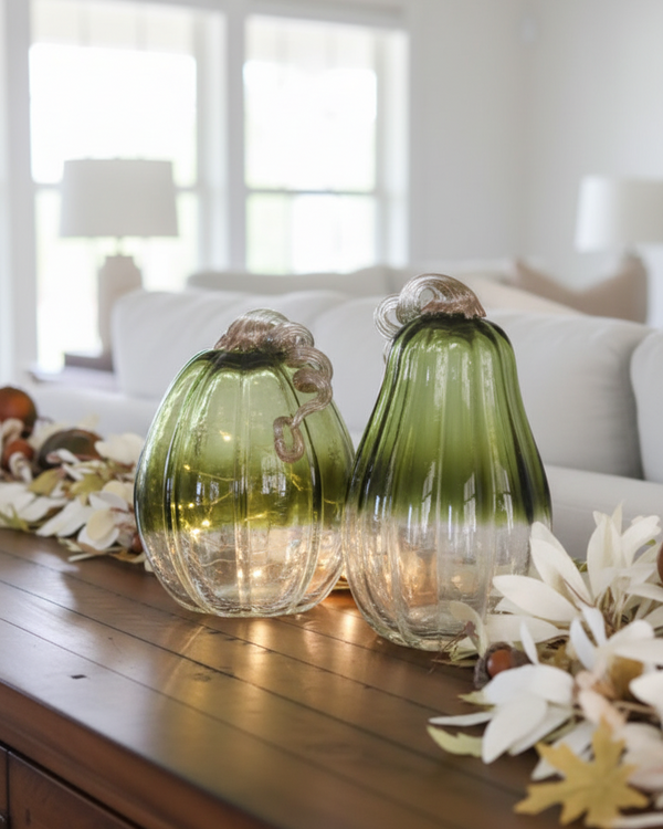 Green and Clear Crackled Handblown Glass Pumpkin Tall
