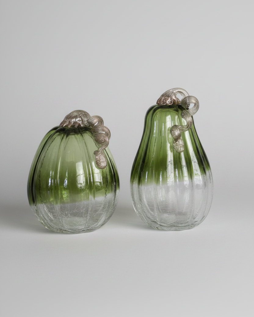 Green and Clear Crackled Handblown Glass Pumpkin Tall