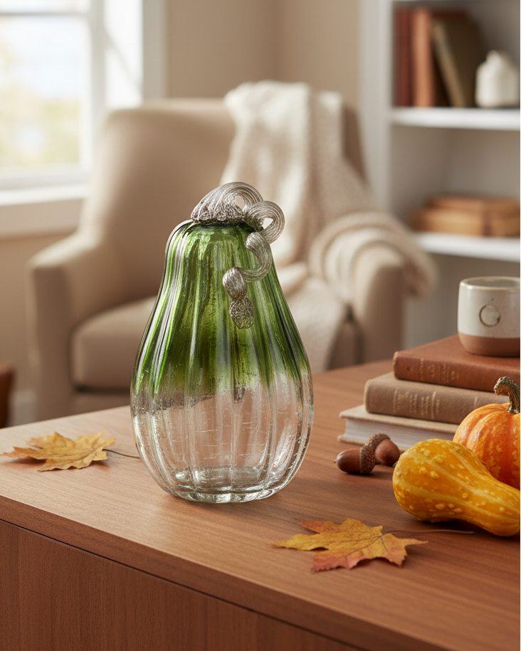 Green and Clear Crackled Handblown Glass Pumpkin Tall