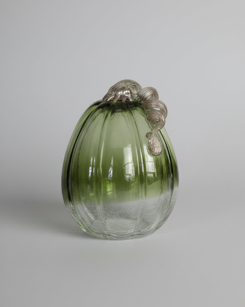 Green and Clear Crackled Handblown Glass Pumpkin Tall