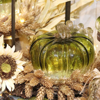 Green and Clear Crackled Handblown Glass Pumpkin Round