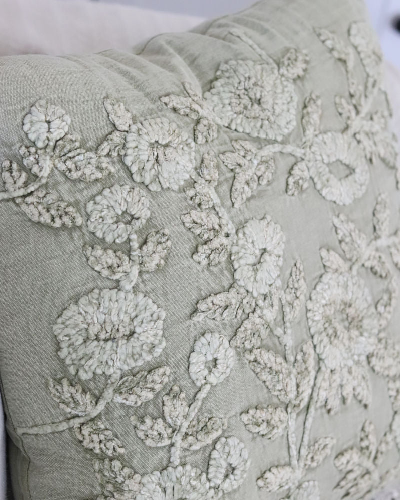 Cotton Stonewashed Sage Green Embroidered Pillow