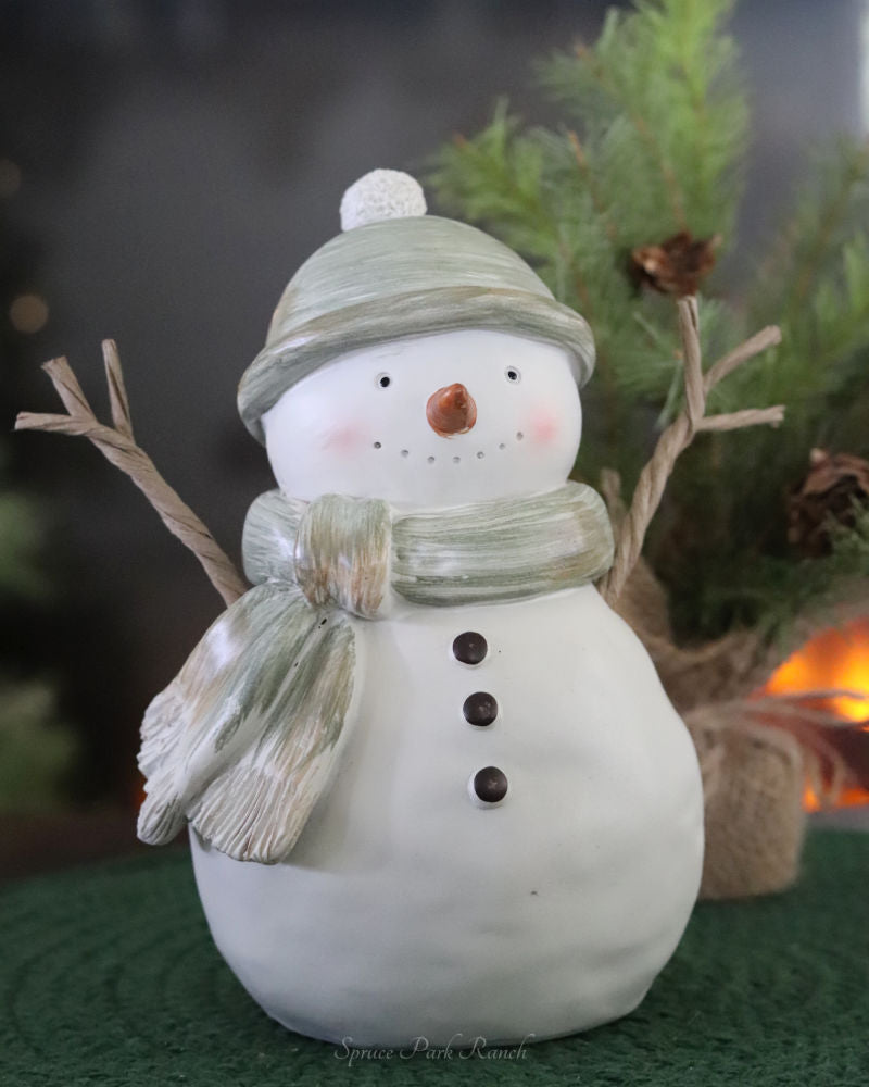 Green Scarf Rustic Resin Snowman