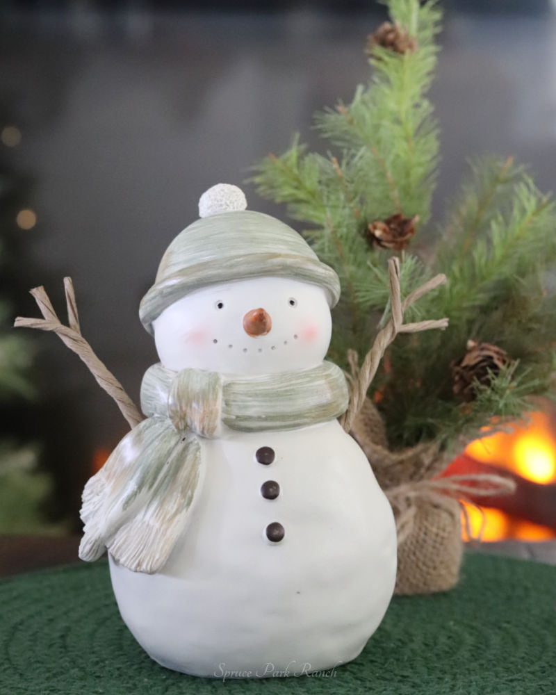 Green Scarf Rustic Resin Snowman