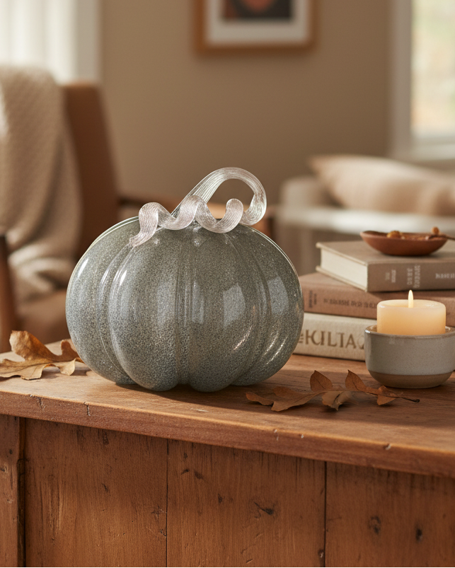 Grey Brown Handblown Glass Pumpkin Round