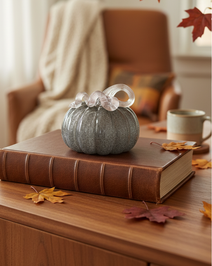 Grey Brown Handblown Glass Pumpkin Round