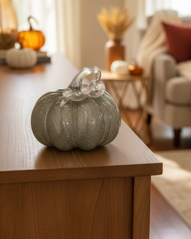 Grey Brown Handblown Glass Pumpkin Round