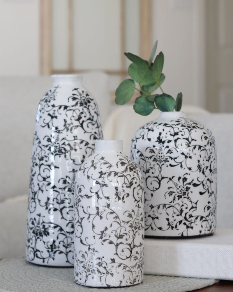 Grey Black Vine Cream Ceramic Vase