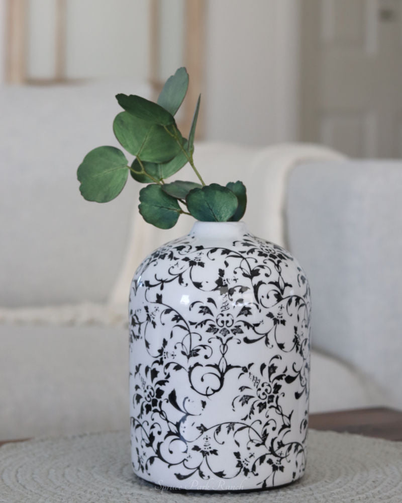 Grey Black Vine Cream Ceramic Vase