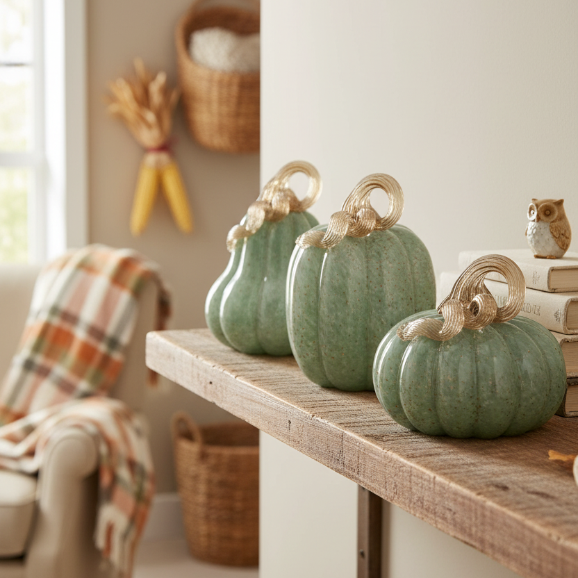 Soft Seafoam Glass Pumpkin with Gold Accent