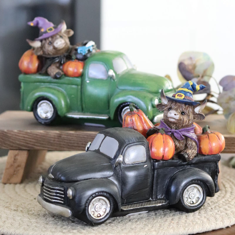 Halloween Highland Cow In Farm Truck