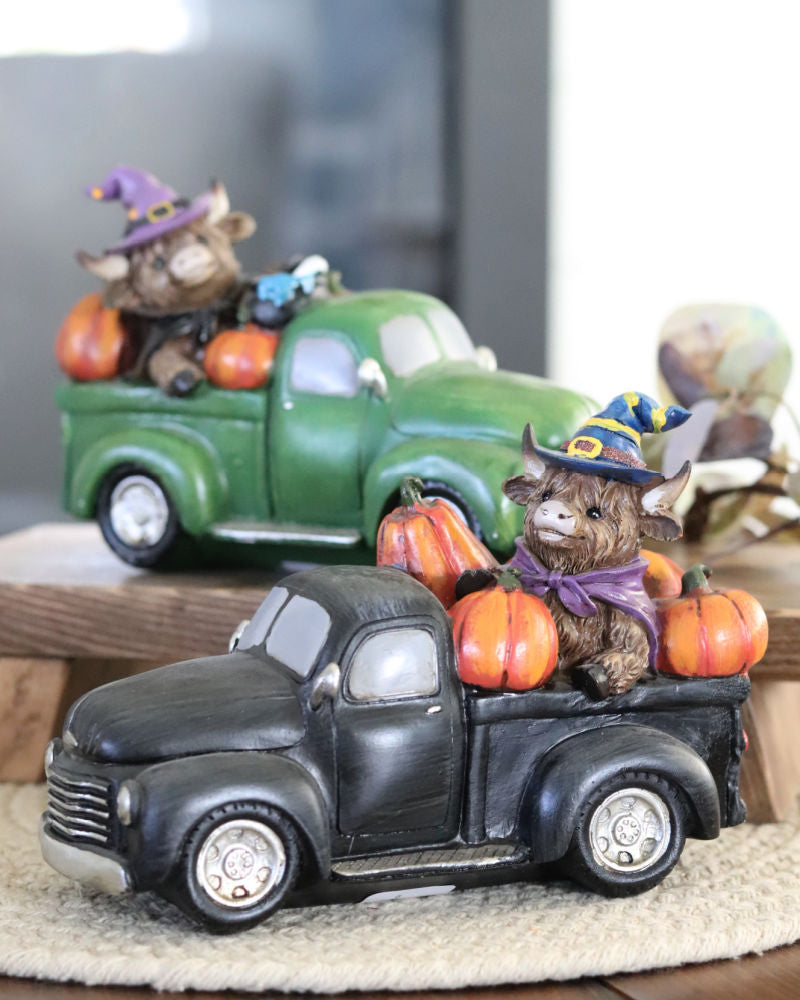 Halloween Highland Cow In Farm Truck