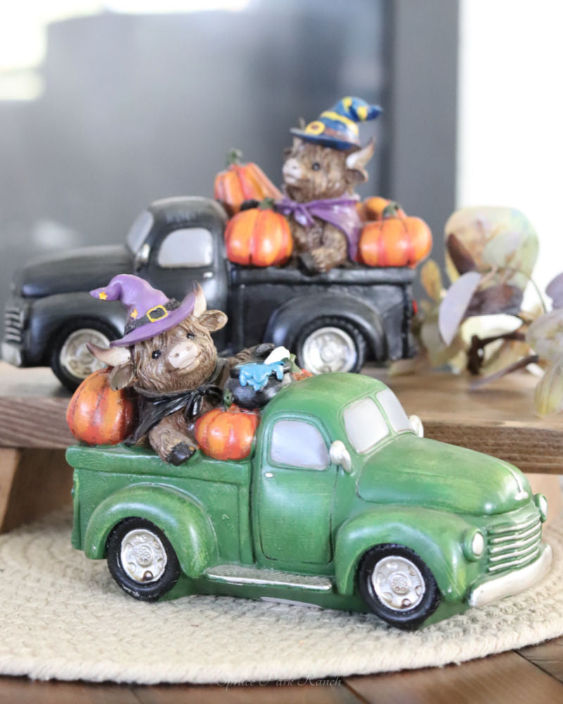 Halloween Highland Cow In Farm Truck