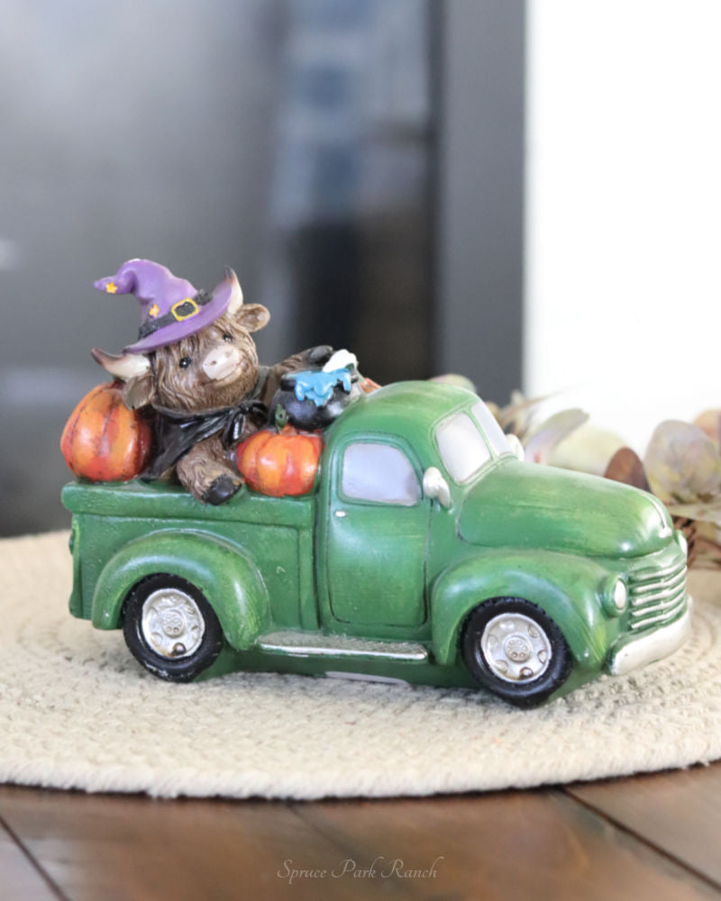 Halloween Highland Cow In Farm Truck