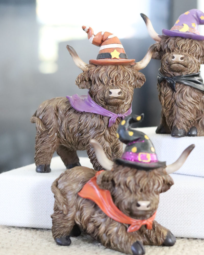 Halloween Highland Cow with Witch Hat and Scarf