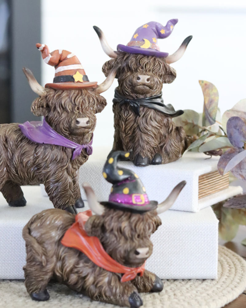 Halloween Highland Cow with Witch Hat and Scarf