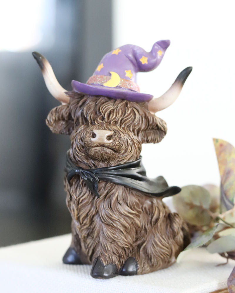 Halloween Highland Cow with Witch Hat and Scarf